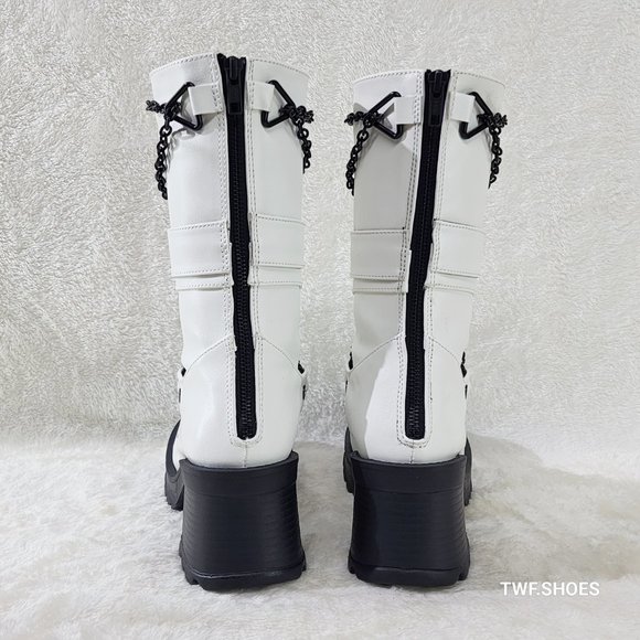 Bratty White Vegan Leather Block Heel Biker Style Goth  Punk Boots - Picture 4 of 10